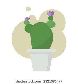 Cactus florecientes en una olla aislada sobre un fondo blanco. Cactus sencillo con flores violetas, cactus de diseño Plantas interiores para la decoración interior. Plantas en una postal. Ilustración vectorial. 10 EPS

