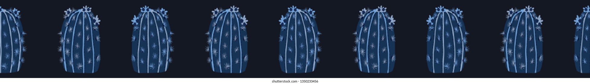 Flowering cactus seamless border pattern. Indoor succulent houseplant vector illustration. Repeatable edging band graphic design print. Hand drawn desert cacti indigo blue dark plant ribbon trim. 