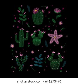 Flowering cactus, traditional embroidery, vector
