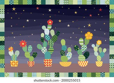 Flowering cactuses in pots on the background of starry sky. Beautiful picture with patchwork frame. Vector illustration.