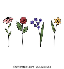 Flowering cartoon plants hand drawn that easy and fun to create a beautiful design stuff perfect for greeting cards, wedding invites. Set of design elements.