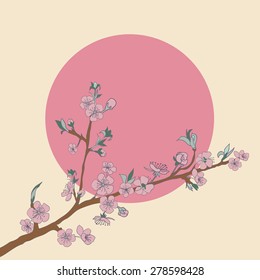 Flowering cherry branch on background of sun. Vintage. Vector illustration. Best for invitations, Web banner, greeting card