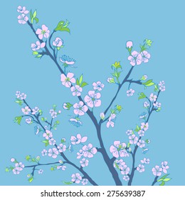Flowering cherry branch.Vintage background. Vector illustration. Best for invitations, Web banner, greeting card