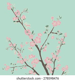 Flowering cherry branch.Vintage background. Vector illustration. Best for invitations, Web banner, greeting card