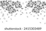 Flowering Cherry tree branches and flying petals. Blooming Sakura. Hand drawn sketch line vector illustration