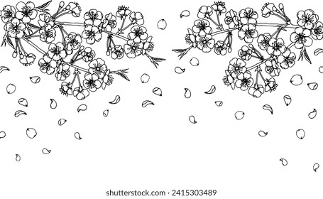 Flowering Cherry tree branches and flying petals. Blooming Sakura. Hand drawn sketch line vector illustration