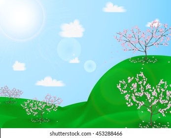 A flowering cherry tree on the green hills, blue sky with clouds, sun rays