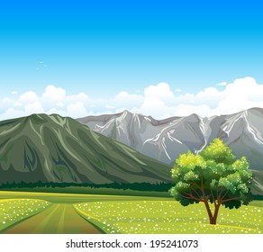 Flowering field with green tree and gray mountains on a blue sky. Nature vector landscape.
