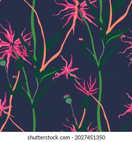 Flowering flowers and leaves, foliage and decorative plants, tropical or exotic motif and ornaments on blue. Seamless pattern or background, print or repeatable wallpaper. Vector in flat style