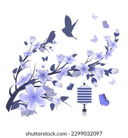 Flowering fruit tree branch, lantern, birds and butterflies.  
 Blue and white. Vector illustration