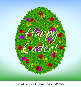 Flowering green easter egg. Beautiful spring background. Vector illustration.