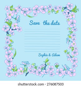 Flowering hand drown cherry blossom card. Vintage background. Vector illustration. Best for invitations, textile, print, greeting card