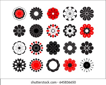 Flowering icon set. Stylized summer or spring flowers, floral design elements. Vector illustration in style of 70's. Cute 20 vector illustrations in flat style isolated on white background.