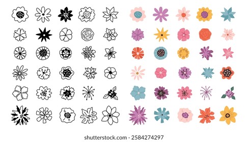 Flowering inflorescence collection, isolated colorful and monochrome flowers. Vector seasonal blooming of plants. Biodiversity of vegetation. Botanical flourishing adornment, season decor set