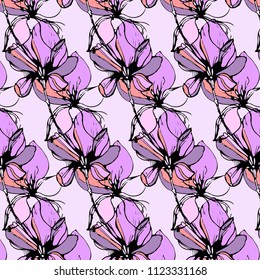 Flowering irises pattern. Mixed media artwork for textiles, fabrics, souvenirs, packaging and greeting cards.
