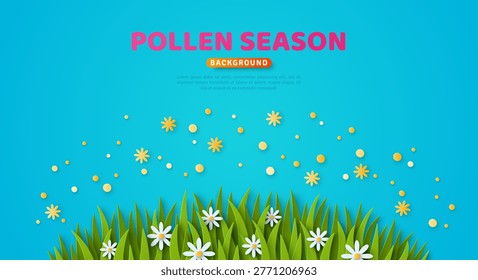 Flowering lawn, chamomile bloom, visible pollen in blue sky. Vector illustration. 3d Paper spring allergy season concept. Pollen forecast background. Allergic poster banner