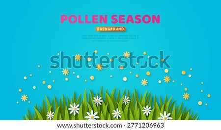 Flowering lawn, chamomile bloom, visible pollen in blue sky. Vector illustration. 3d Paper spring allergy season concept. Pollen forecast background. Allergic poster banner