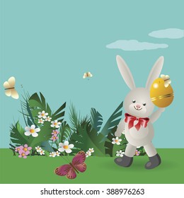 At flowering lawn under the blue sky, the Easter Bunny walks and holds in paws painted Easter eggs. Vector illustration