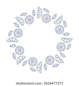 Flowering lemon branches. Colorful graphic lemon summer wreath. Modern vibrant design. Hand drawn cozy illustration. Citrus fruit design with leaf on white colored background.