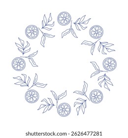 Flowering lemon branches. Colorful graphic lemon summer wreath. Modern vibrant design. Hand drawn cozy illustration. Citrus fruit design with leaf on white colored background.