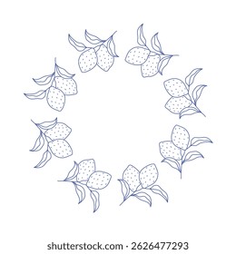 Flowering lemon branches. Colorful graphic lemon summer wreath. Modern vibrant design. Hand drawn cozy illustration. Citrus fruit design with leaf on white colored background.
