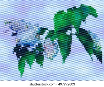 Flowering lilac on a background of blue sky. Mosaic background of cubes with flowers and green leaves