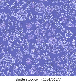 Flowering linear flowers on a bright background. A simple linear pattern with flowers and insects. Vector image. Teva of spring and summer. The maiden print. Pattern for printing.