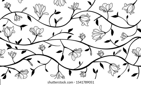 Flowering magnolia. Hand drawn black and white seamless pattern with blooming flowers. vector illustration.