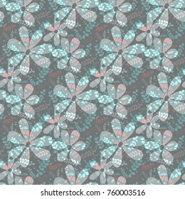 Flowering meadow. Floral seamless pattern, flowers, leaves, grass, vector illustration