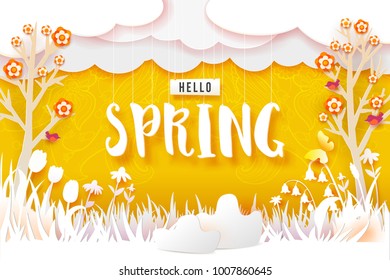 Flowering meadow with trees. Flowers, grass, clouds and butterfly cut out from white paper on a yellow background with han drawn doodle ornament. Paper art. Hello Spring text. Vector illustration