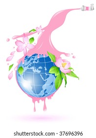 flowering planet with splashes of pink paint and flowers