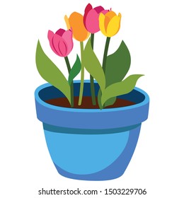 Flowering Plant in Blue Flower Pot - Cartoon Vector Image