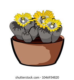 Flowering plant in a clay pot. Element of home decor. The symbol of growth and ecology. Vector illustration. Eps 10