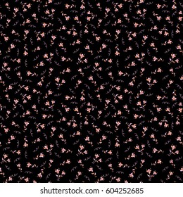 Flowering plant evolving from buds to blossom. Vector beautiful ditsy flowers in pink colors on a black backdrop. Seamless pattern for decor and textile. Vector illustration.