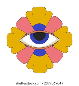 Flowering plant with eyeball 2D linear cartoon object. Enigmatic flower. Blossom spiritual imagination isolated line vector element white background. Fantasy hallucination color flat spot illustration