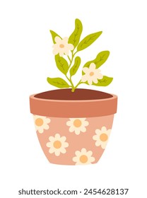 Flowering plant in a flower pot. Hand drawn vector illustration isolated on white background.