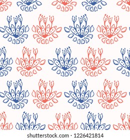 Flowering Plant Seamless Vector Pattern. Spring Hand Drawn Floral Texture for Blue Red Textile Prints, Summer Decor, Nature Background, Trendy Packaging, Garden Decor Gift Wrap, All Over Wallpaper.