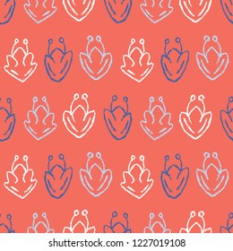 Flowering Plant Seamless Vector Pattern. Spring Hand Drawn Floral Texture for Blue Red Textile Prints, Summer Decor, Nature Background, Trendy Packaging, Garden Decor Gift Wrap, All Over Wallpaper.