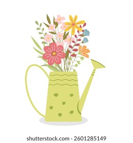 Flowering plants, a bouquet of flowers in a watering can. Spring botanical composition
