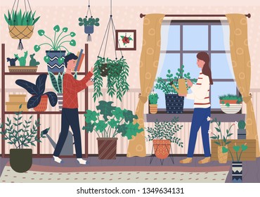 Flowering plants growing in pots and vases vector, man and woman caring for houseplants, female and male characters watering plantation in greenhouse