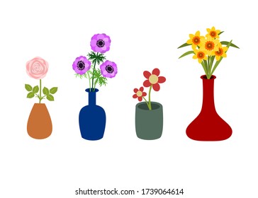 Flowering plants in vase set for graphic design. Floral collection isolated on white background. Flat design botanical illustration. Rose, Anemone, Daffodil.