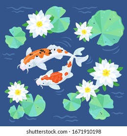 Flowering pond. Two white japanese koi carp with red and black spots swim among beautiful white water lilies and green leaves on a classic blue background. Vector illustration