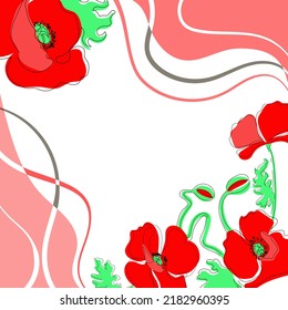 Flowering poppies, banner design template in red hues. Single line style flowers. Vector drawn poppies. Doodle style banner. There is room for your text. Stock vector illustration.