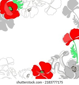 Flowering poppies, doodle style banner design template. Flowers in red, gray and black. Vector drawn poppies. Doodle style banner. There is room for your text. Stock vector illustration.