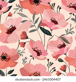 Flowering poppies on a beige background. Seamless flat pattern decorative red flowers. Pattern for any surfaces. Limited number of colours.