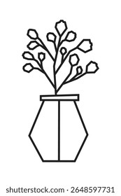 Flowering Potted Plant with Berries in Black Outline Style