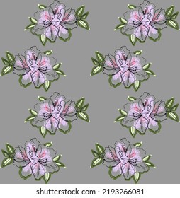 Flowering rhodadendrons, drawing in ink and paint, seamless pattern