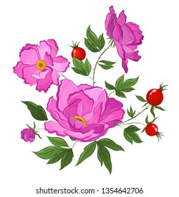 flowering rose hips with berries