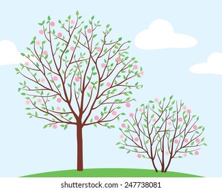 Flowering spring trees on a background of blue sky with white clouds. Vector illustration.