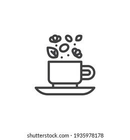 Flowering tea cup line icon. linear style sign for mobile concept and web design. Blooming tea cup outline vector icon. Symbol, logo illustration. Vector graphics